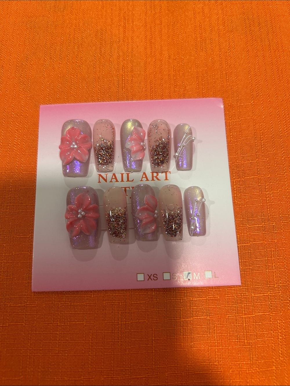 Water Press-On Nail Set with Pink Floral Accents-M